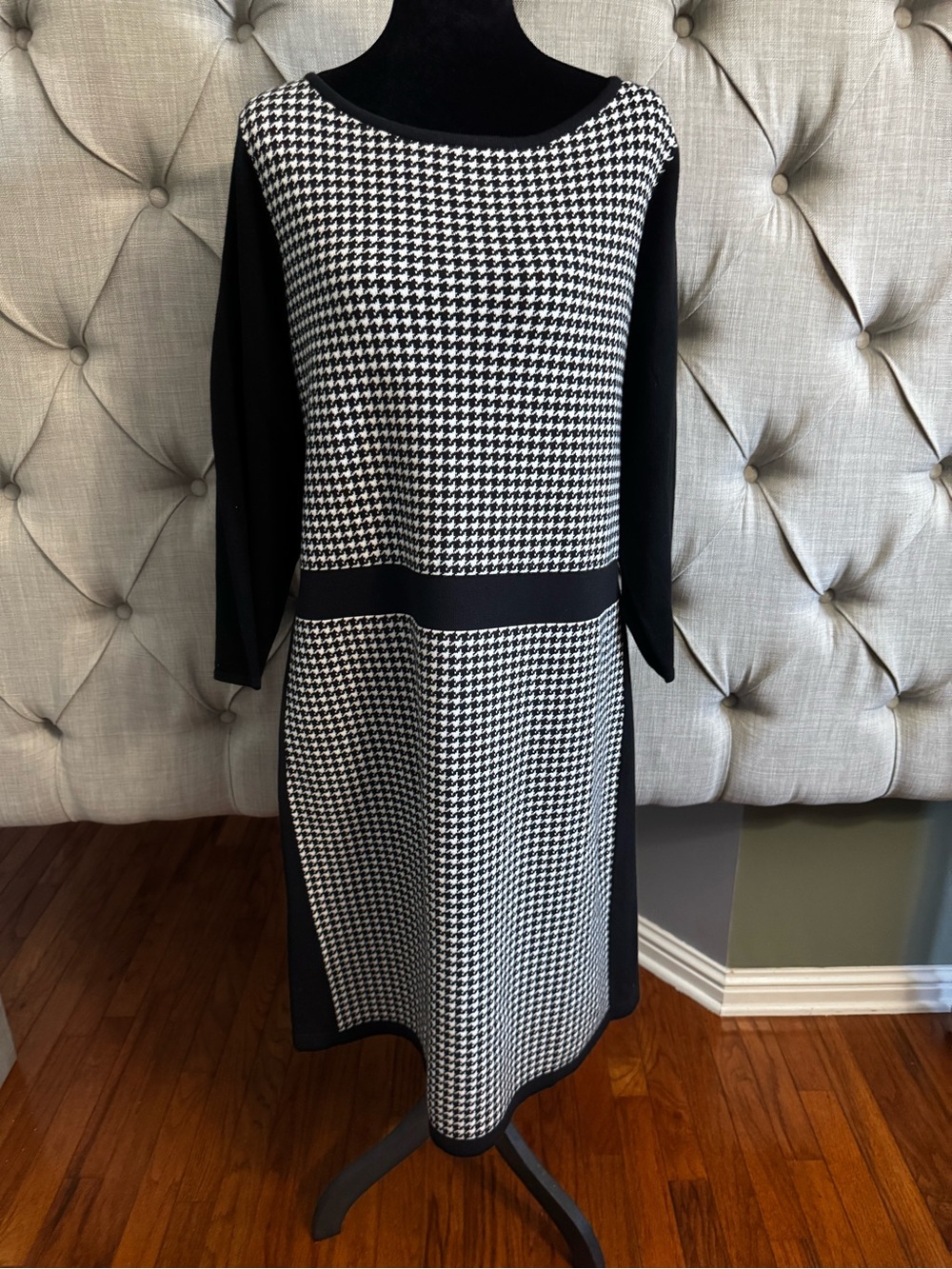 Chaps Black and White Houndstooth Midi Dress